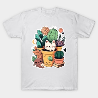 Cute kawaii plants and pots pack with cat T-Shirt